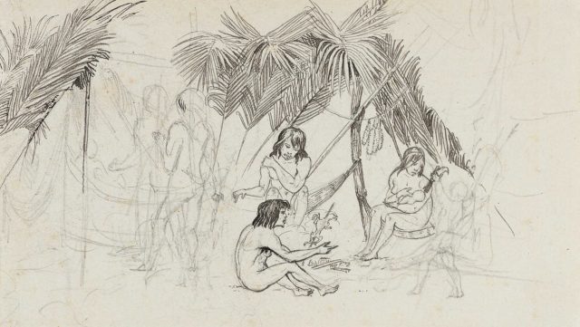 Grupo de índios acampados, Minas Gerais, c.1822-1825. Nanquim e grafite sobre papel de Johann Moritz Rugendas / Coleção Martha e Erico Stickel / Acervo IMS
