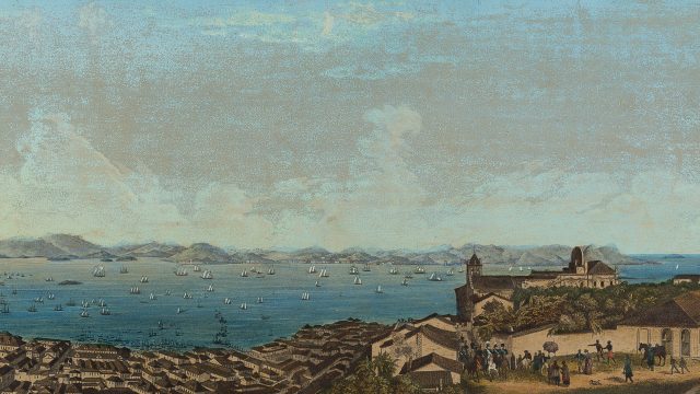 Panorama do Rio de Janeiro tomado do Morro do Castelo, c. 1830. Água-forte, água-tinta, aquarela, guache e pochoir sobre papel de Félix Émile Taunay. Auguste Nicolas Nepveu (editor)/ Acervo IMS