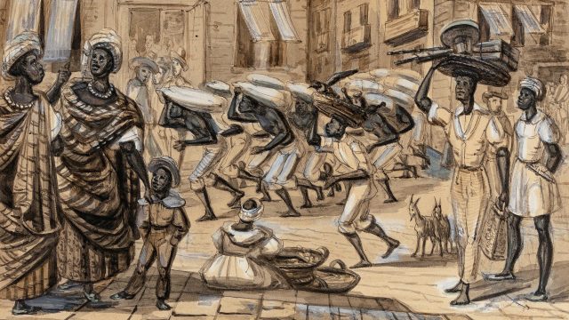 Cena na rua Direita (atual rua Primeiro de Março): negros carregadores de café, negras libertas, negro liberto, viajante africano, c.1840 Nanquim, aquarela e guache sobre papel de  Paul Harro-Harring / Acervo IMS